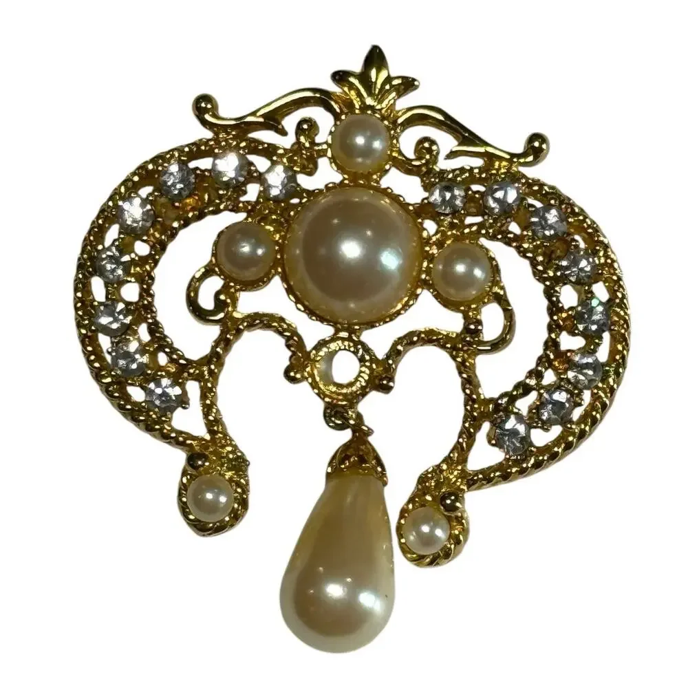 Vintage Gold Tone Faux Pearl Drop Dangle Brooch Filagree Regency Art Deco Pin 2